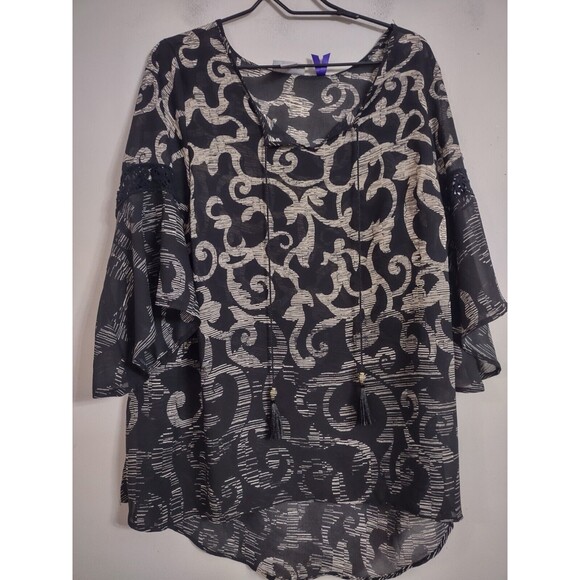 Catherines Womens Top 14/16 Black Ivory Geo Boho Peasant Tie Neck V-Neck Tunic - Picture 1 of 8
